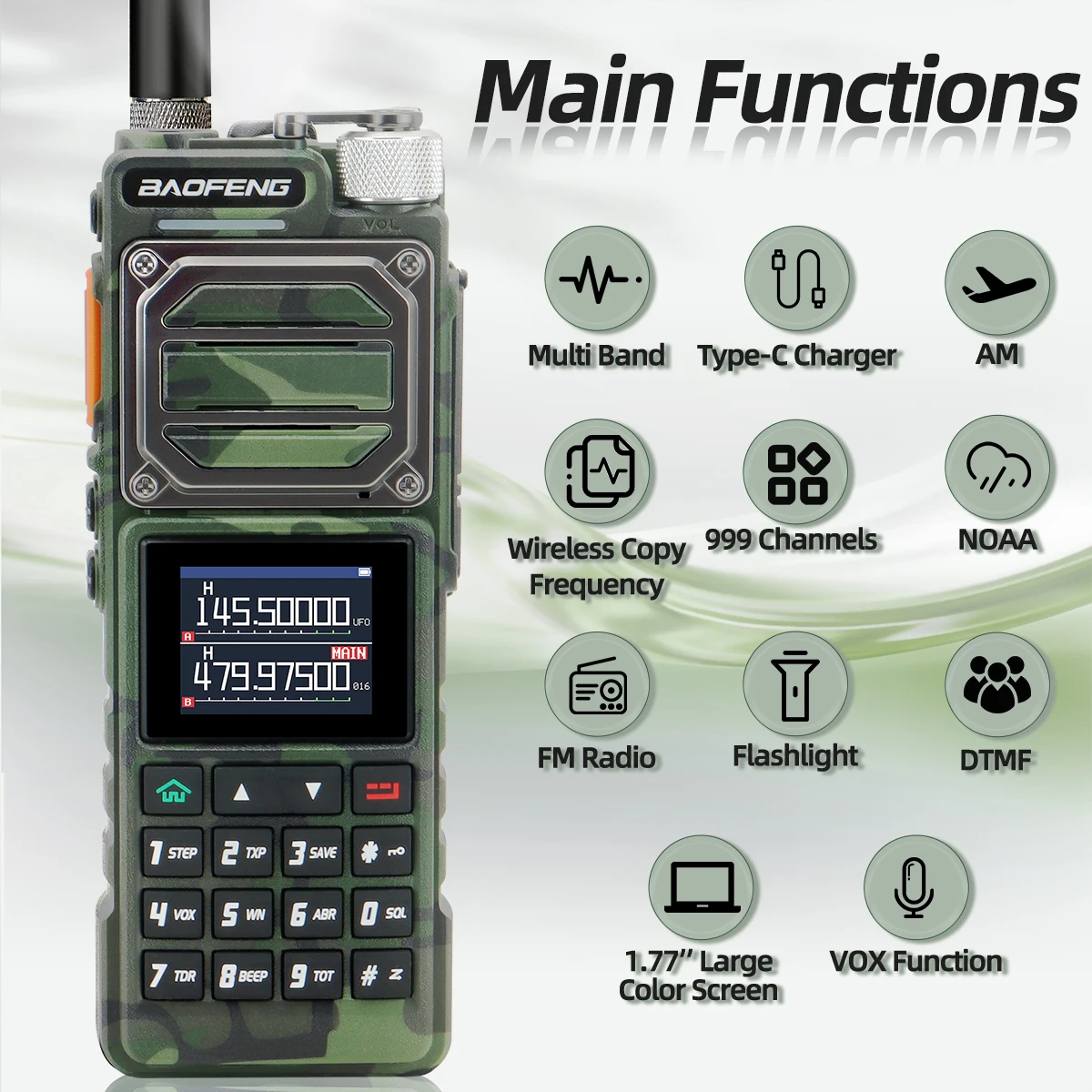BAOFENG UV-25 Multi Band Walkie Talkie Air Band 10W 5200mAh Wireless Copy Frequency 999CH Type-C Charger NOAA Ham Two Way Radio