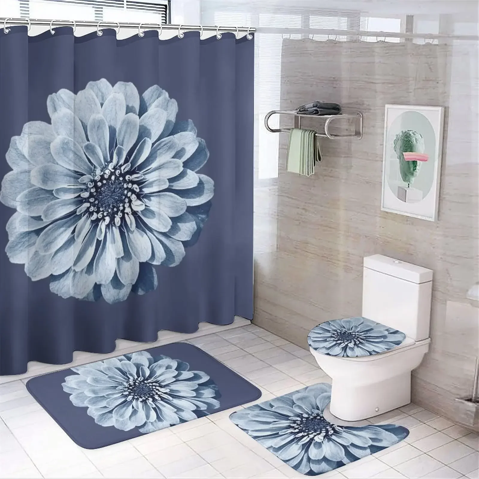 Blue chrysanthemum printed shower curtain Modern non-slip carpet shower curtain Waterproof polyester home decoration 180x180