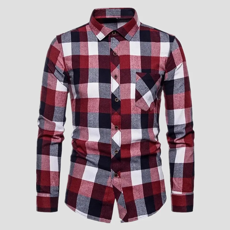 Fall Men\'s Long Sleeved Plaid Shirt Pockets Single Breasted Lapel Cotton Shirts