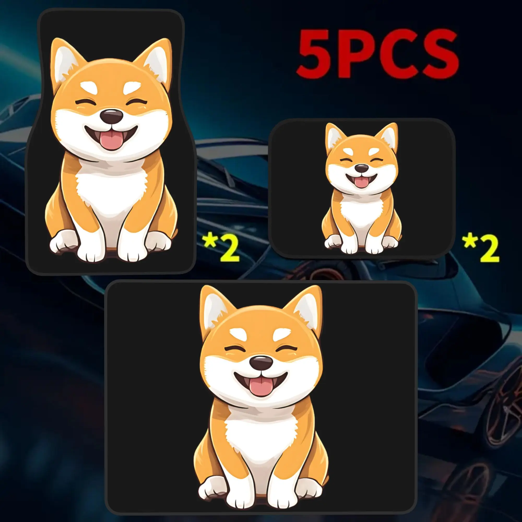 2D Flat Printing 5pcs Smiling Cartoon Shiba Inu Printed Car Mats Set (4 Floor Mats + 1 Trunk Mat), Made Of Durable Elegant Inter