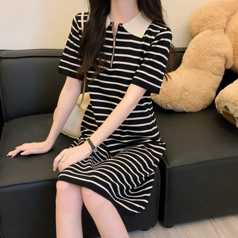 

Women Summer Classic Striped Dresses New Lady Office Knitted Dress Workwear Preppy Style Clothes Short Sleeve Cottagecore Dress