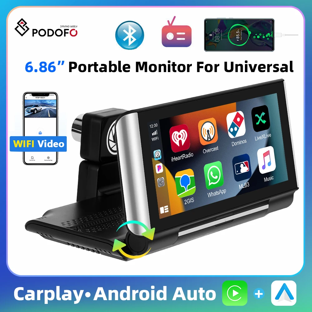 Podofo 6.86'' Car Monitor Carplay Android Auto Car DVR Dasboard Dash Cam 4K Front Cam BSD System AirPlay MirrorCast Smart Player