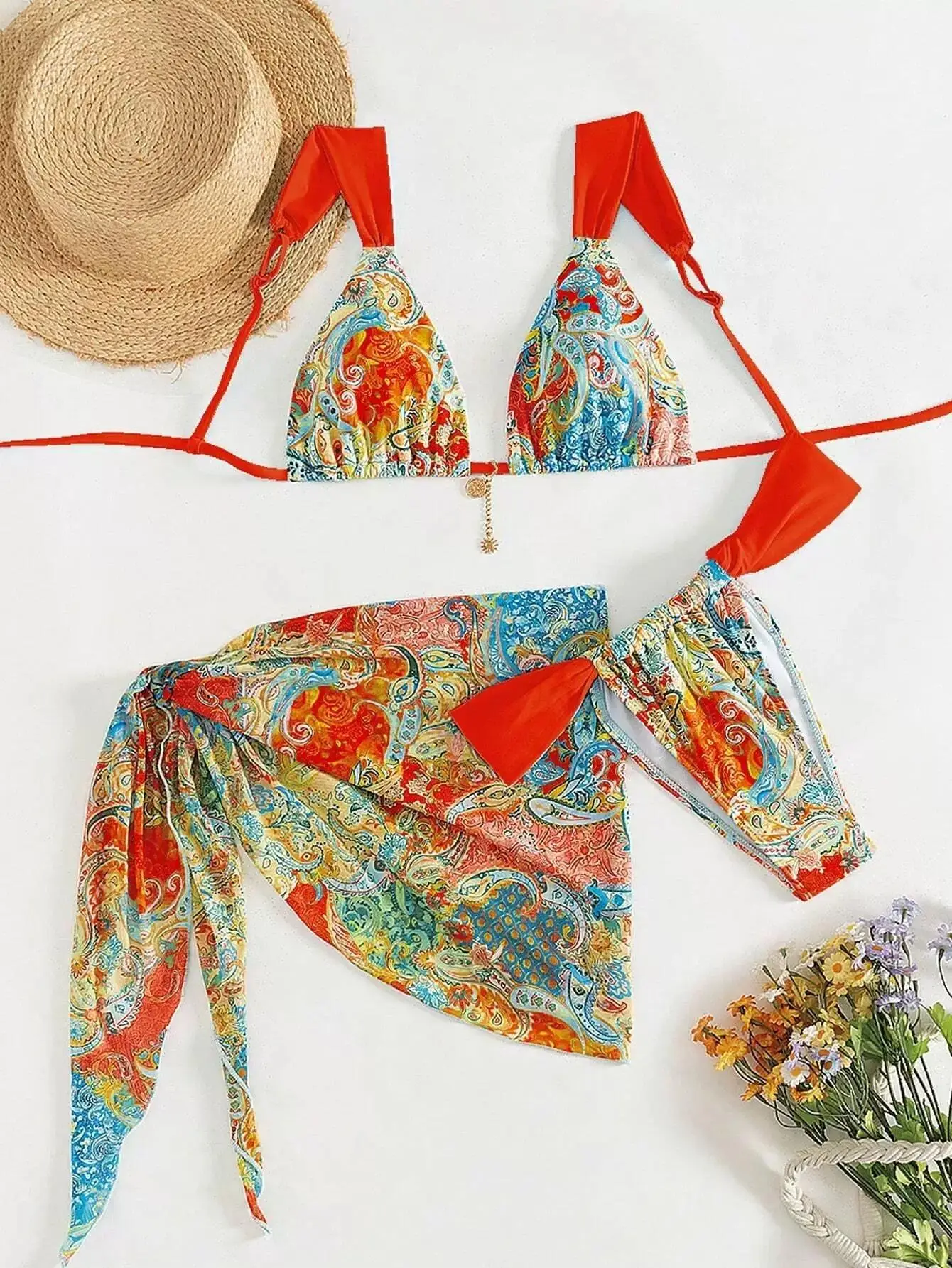 

Melphieer Bikini 2026 New Women's Three-piece Red Vintage Print Charms Sarong Swimsuit Set Summer Lady Beach Club Swimwear New