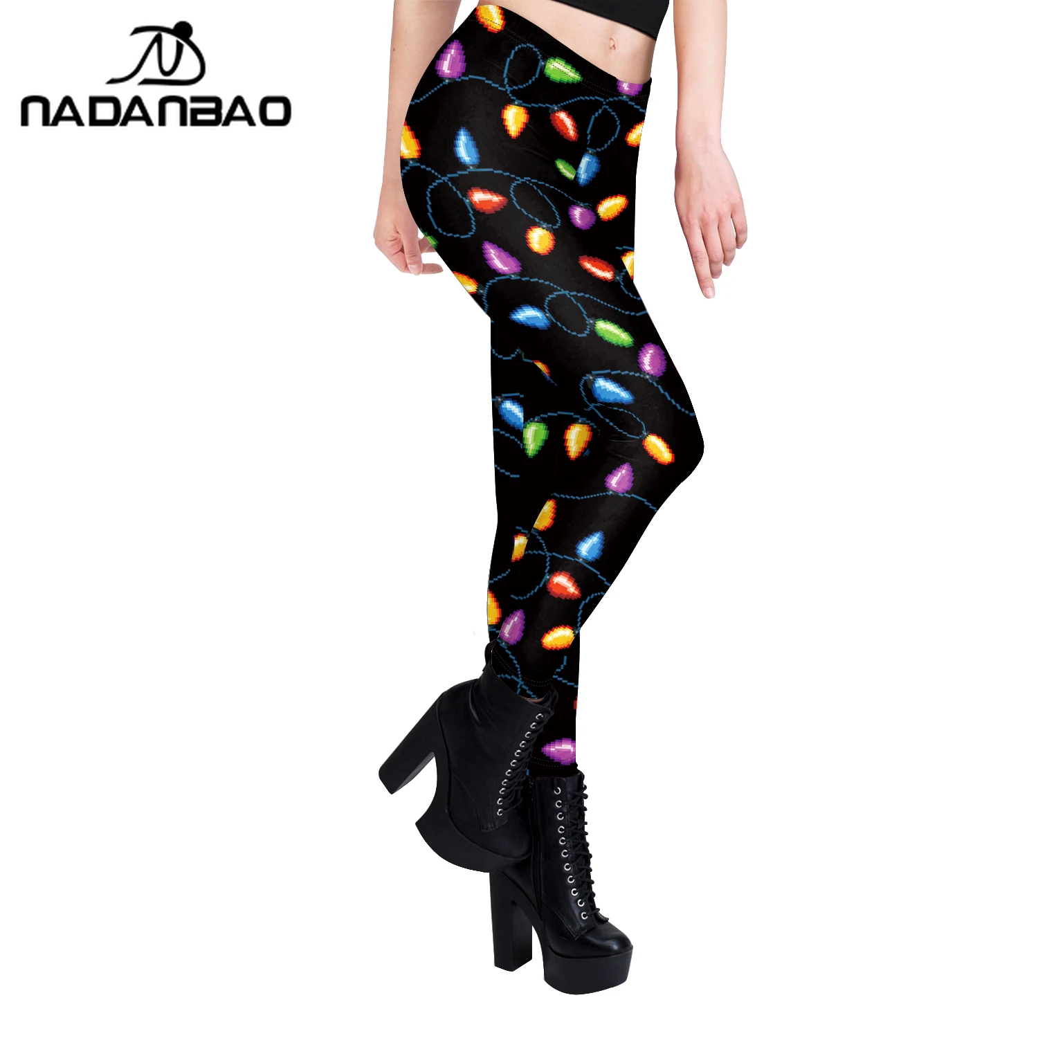 NADANBAO dames kerstverlichting print leggings dames sexy zwarte leggings casual midden taille elastische broek nieuwjaar streetwear