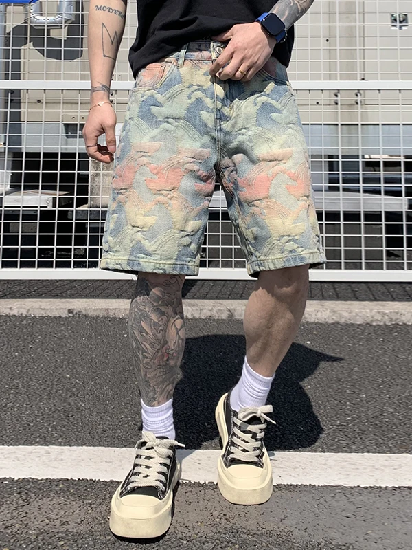 

Летние новые американские модные джинсовые шорты-бриджи с вышивкой, свободного прямого кроя, средней длины, для мужчин