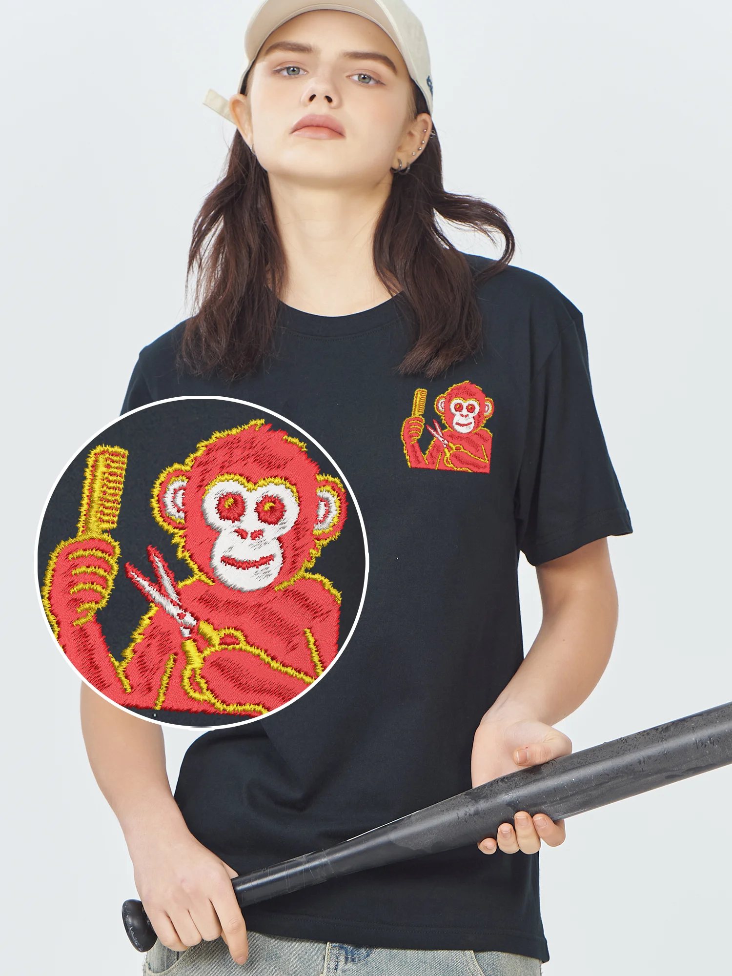 

Men Embroidered Tops Hairresser Monkey Luxury Clothing Cotton T-Shirt Oversized Comfortable Embroidery Shirts​