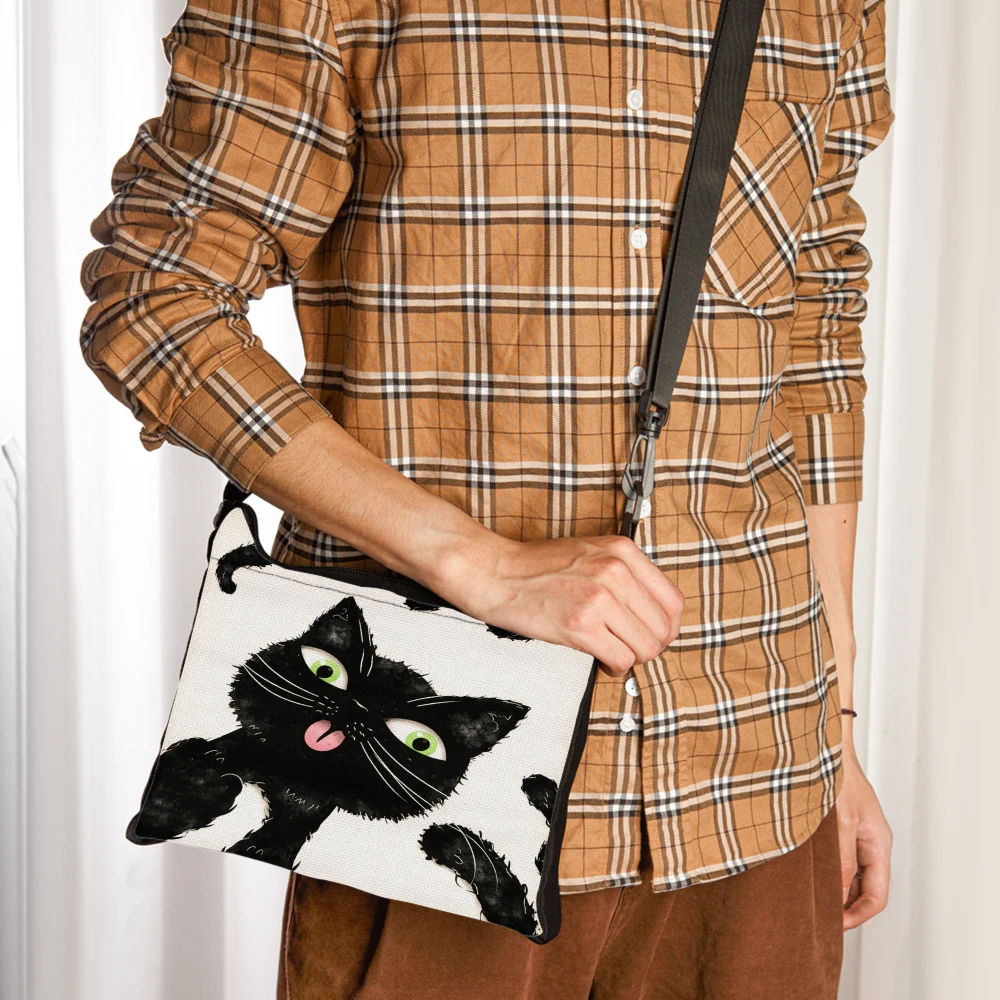 Cat Print Crossbody Bag White Black Cat With Green Eyes And Pink Tongue Shoulder Bags Pouch For Women Casual Daily Use