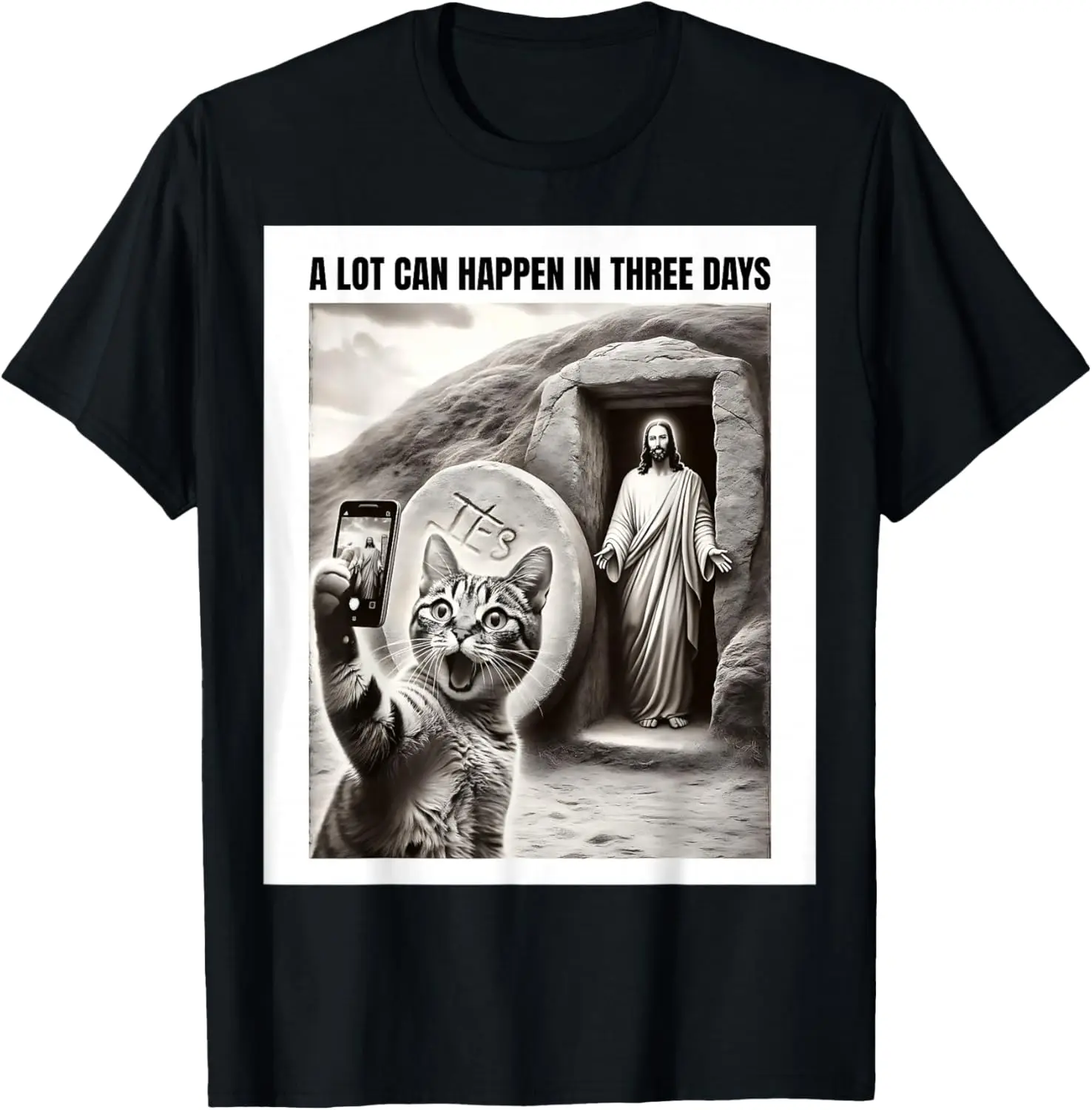 Funny Easter Jesus Resurrection Cat Selfie Meme Graphic Tee Casual Round Neck Cotton T-Shirt