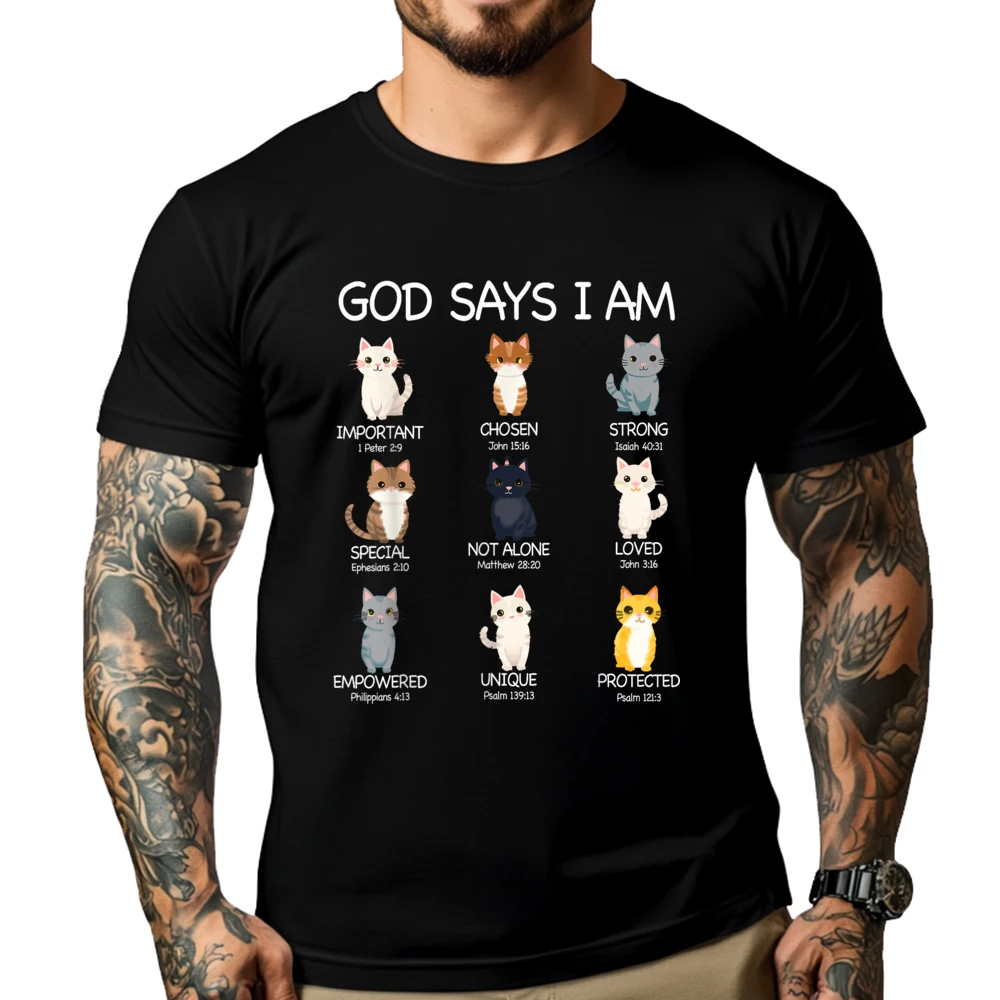 

Cute God Says I Am Cat Lover Funny Christian Kids Girls Designer T Shirt Men Man Clothes Vegan