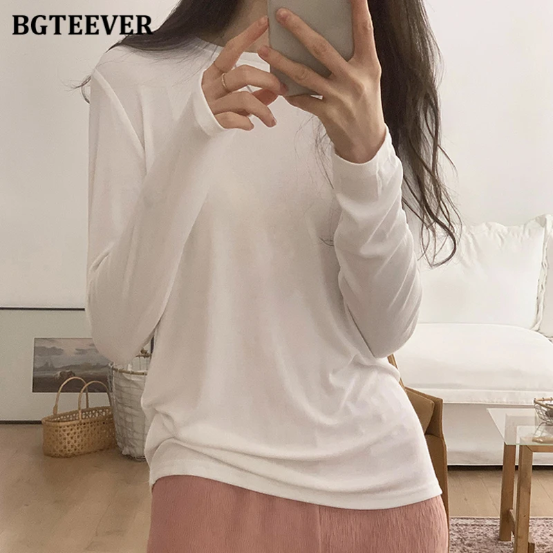 BGTEEVER Spring Autumn Cotton Loose T-Shirt Women Causal Knitted Long Sleeve Tee Shirts Female Loose Black White Tops