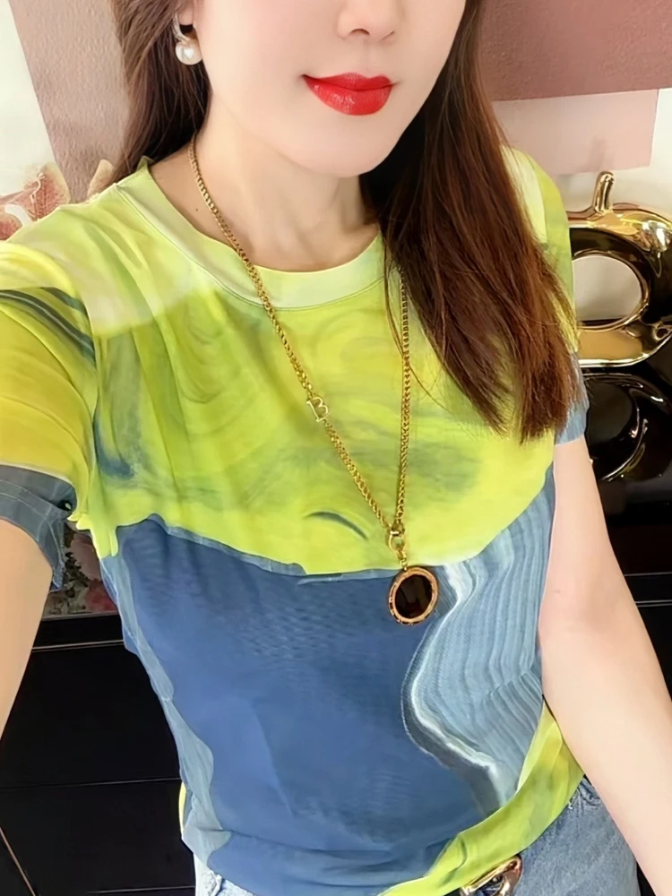 

Faionable Printed Me ort Sve T-irt Women's Summer round Ne Slim Fit Thin Ice Silk Top Korean Sle Commute Wind