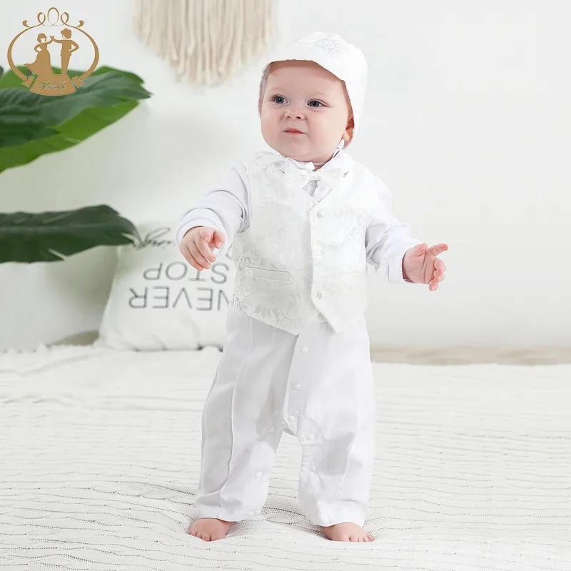 White Baby Boy Clothes Set Baptism Outfits Solid Full Sleeve Jacquard Suit Lace Christening Gown Newborn Gentleman Birthday Gift