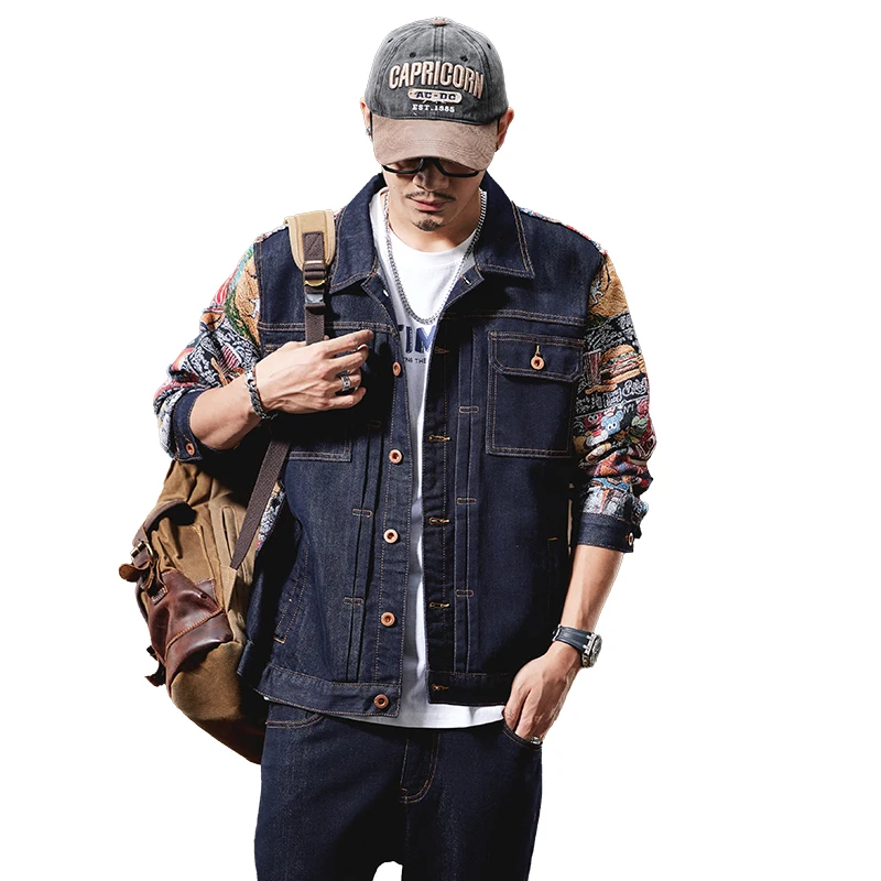 High quality Japanese casual ethnic style denim jacket men's retro loose jacket workwear set clothes suits for men - view 5