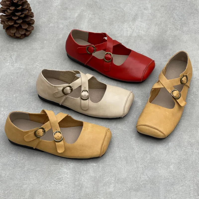 

GKTINOO Handmade Cross Buckle Genuine Leather Soft Soled Flats 2026 Spring New Square Toe Soft Cowhide Women's Shoes