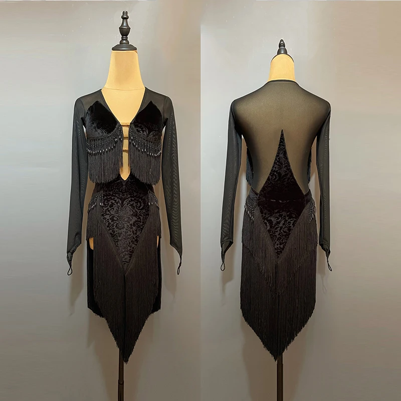 Latein-Tanzkleid Salsa-Übungskleidung Damen Tanzbekleidung Weibliche Schwarze Netz-Quasten Tango-Tanzkleider Samba-Kostüm XH1864