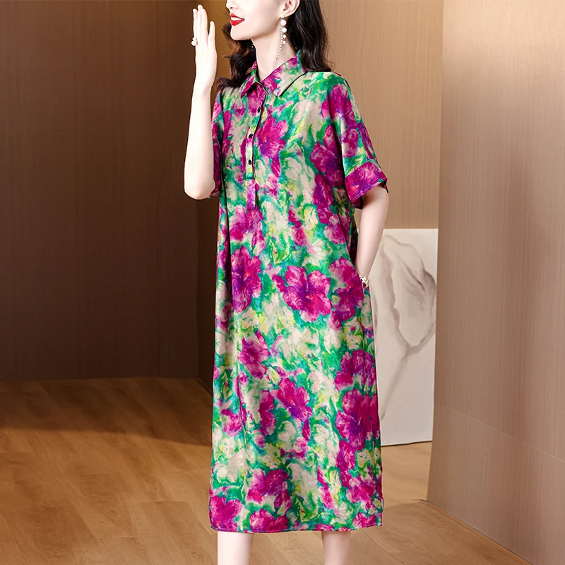 

2023 New Fashion Silk Dress Women's Summer Elegant Half Sleeve Printed Dress Fragmented Flower Loose Fit Casual Vacation Vestido