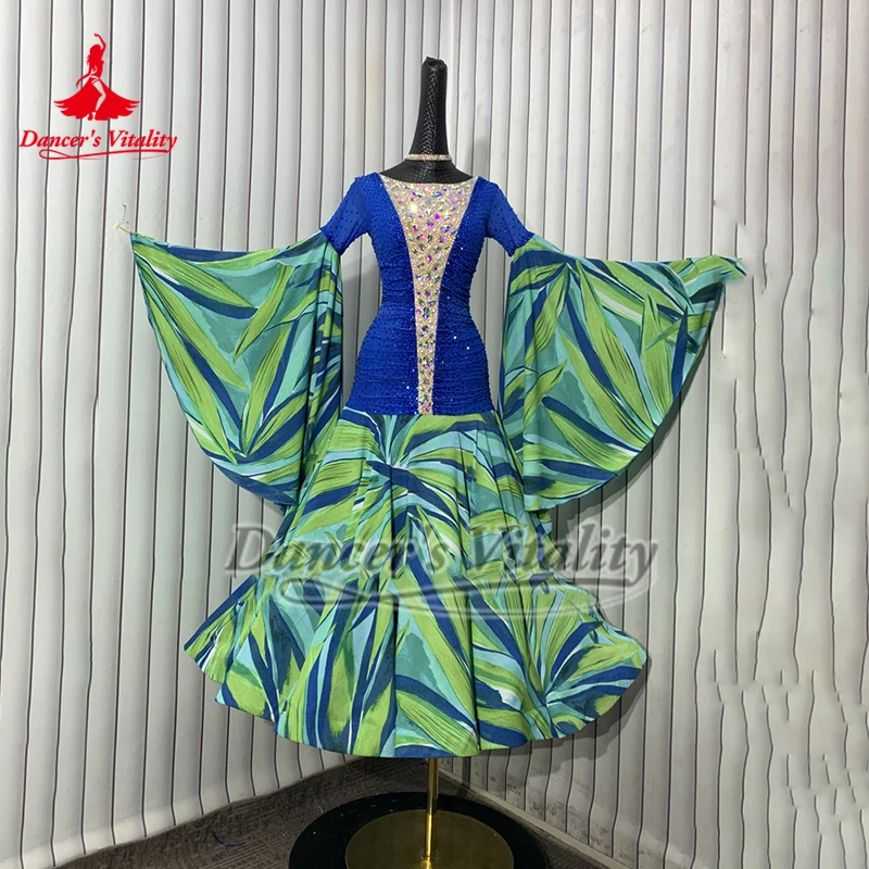 성인 인쇄 쉬폰 호른 슬리브 표준 사회 댄스 대회 여성 왈츠 폭스트롯 의류 맞춤형 빅 스윙 드레스