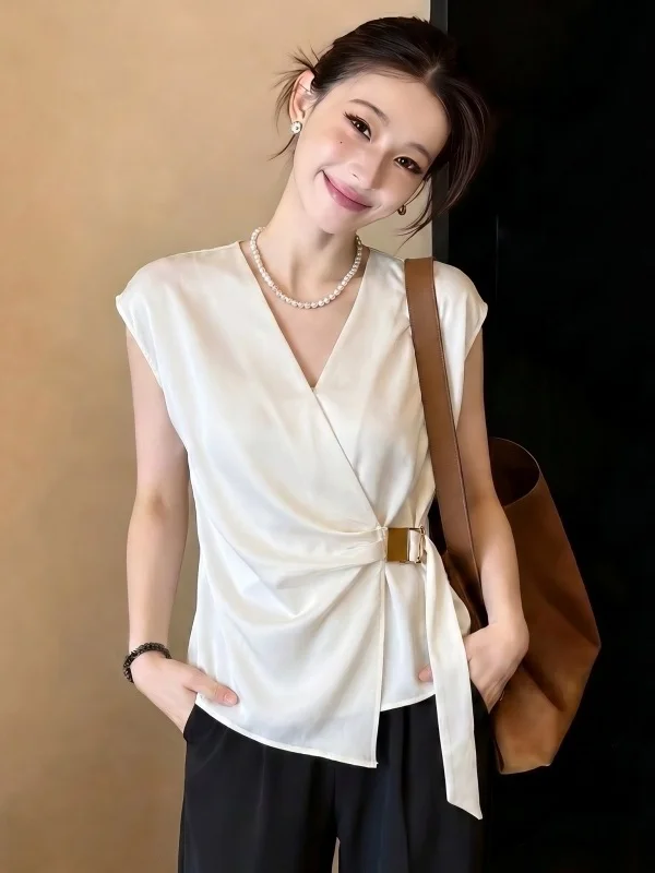 

Elegant V-neck Acetate Satin Shirt Women's plus Size Summer New Style Big Waist Belted Slimming Top Korean Style Commute