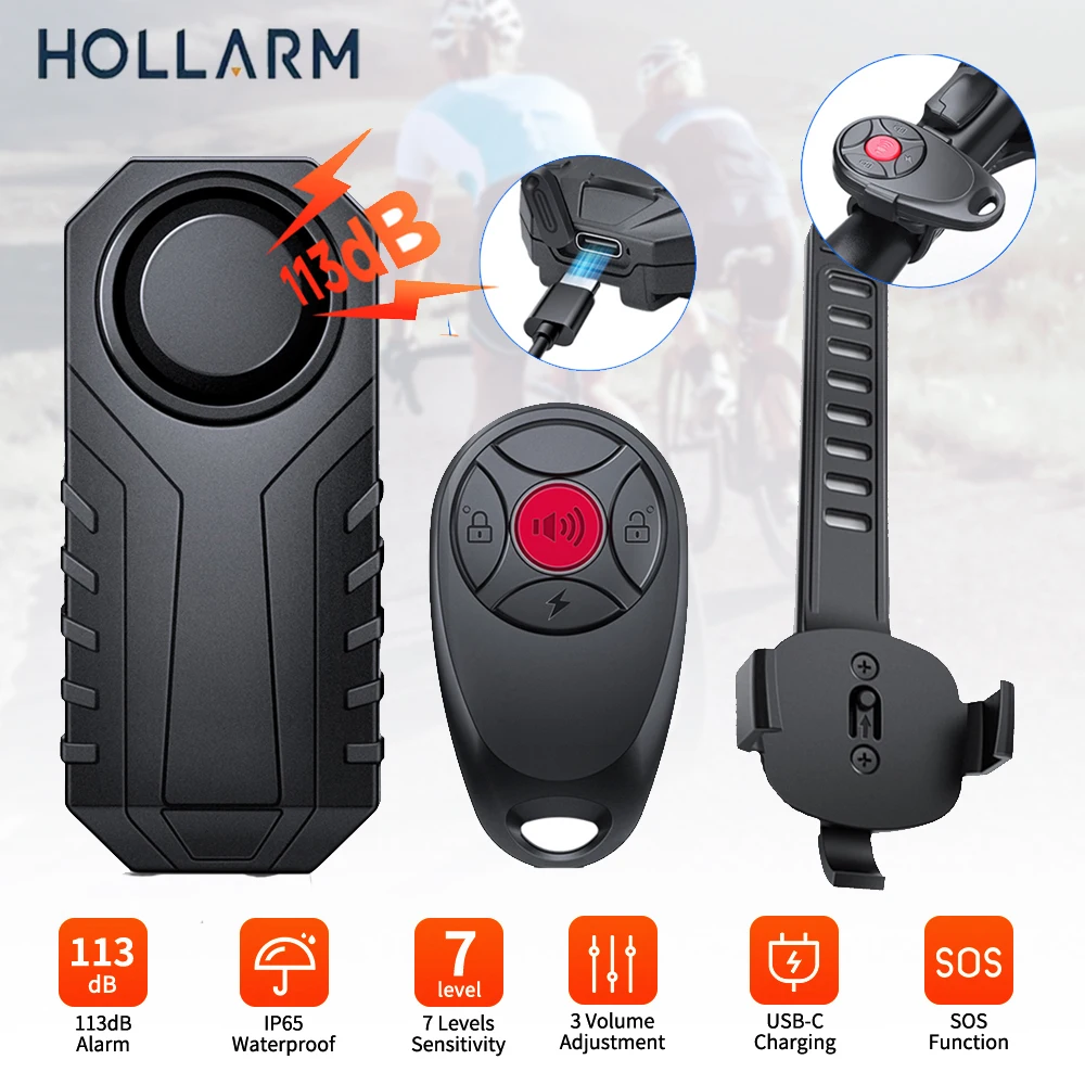 

Hollarm NEW 113dB Bicycle Alarm USB-C Charge Anti Theft Motorcycle Bike Alarm With Bracket Waterproof Wireless Remote Control