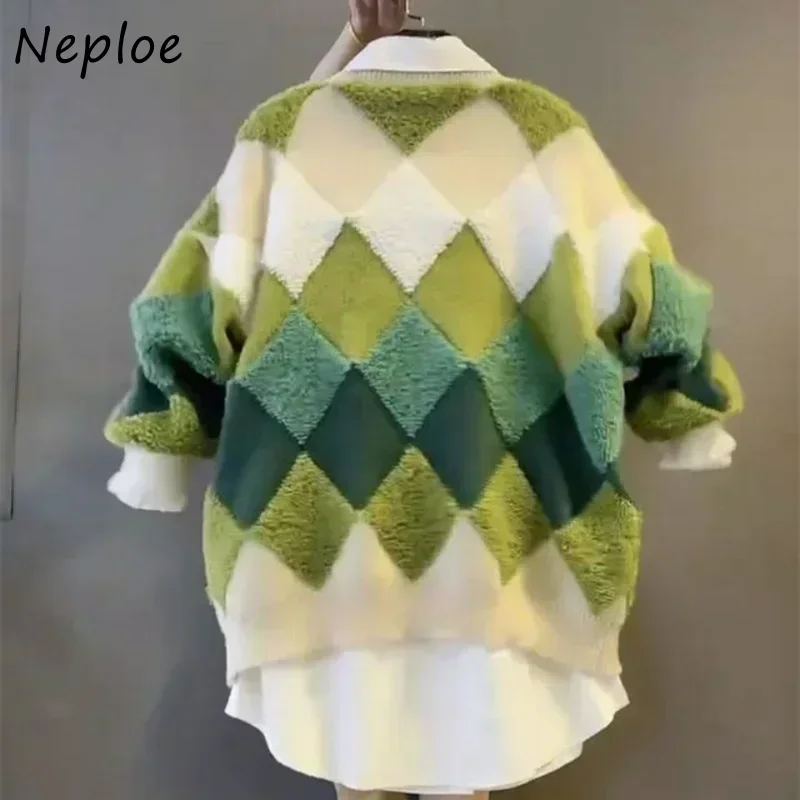 Neploe-Pull à carreaux à col en V pour femmes, pulls côtelés patchwork, manches longues, vêtements de Noël, Y2K, document d'abonnés, automne, hiver