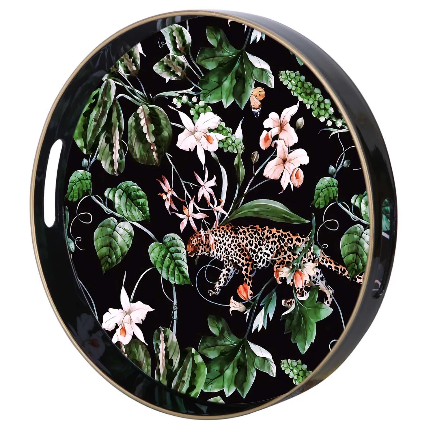 

Stylish Jungle Leopard Round Decorative Tray - Durable Plastic with Easy-Grip Handles - Perfect Vanity, Serving & Ottoman Tray