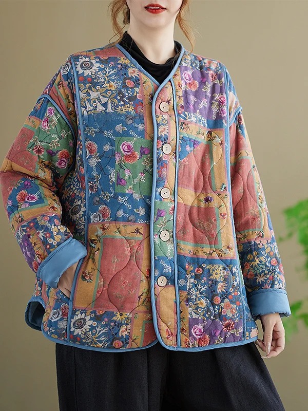 Retro Print Cotton Linen Loose Casual Women's Jaet Lightweight Diamond Pattern Cotton Coat V-ne Long Sve Winter Outerwear