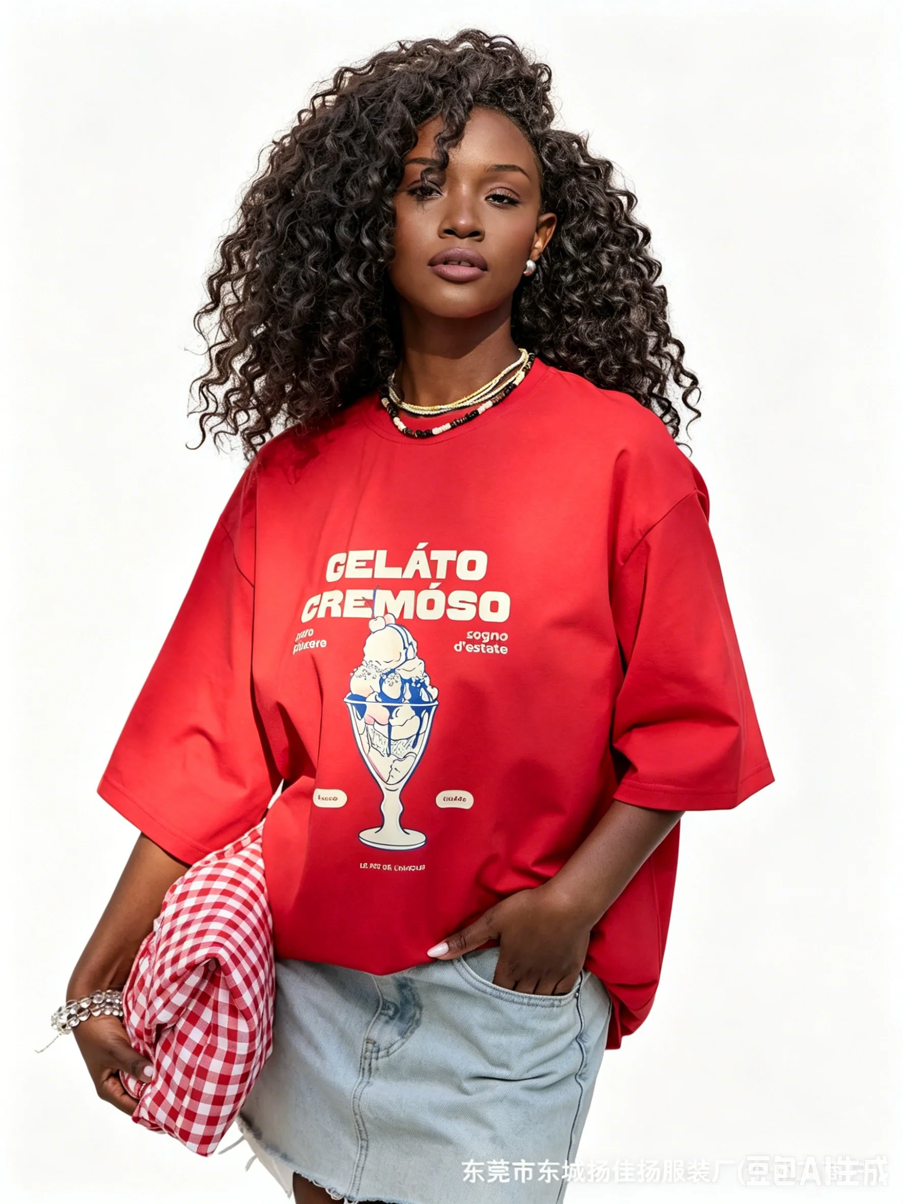 Unique Sweet Red Oversized Soft Cotton T-Shirt Vintage Italian Gelato Cremoso Ice Cream Cup Graphic Mediterranean Summer Loose