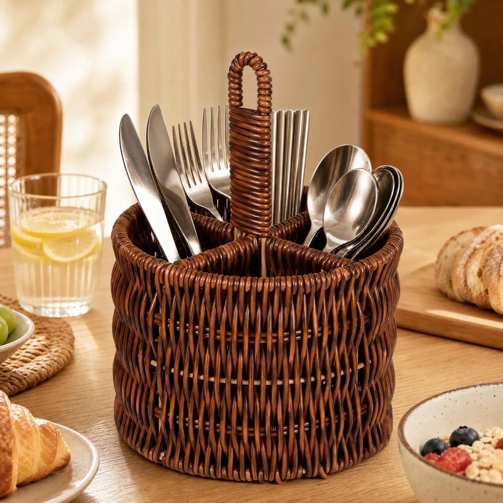 Woven PP Rattan Cutlery Drying Basket with 4 Compartment Insert Kitchen Counter Organizer for Utensil Storage and Ventilation