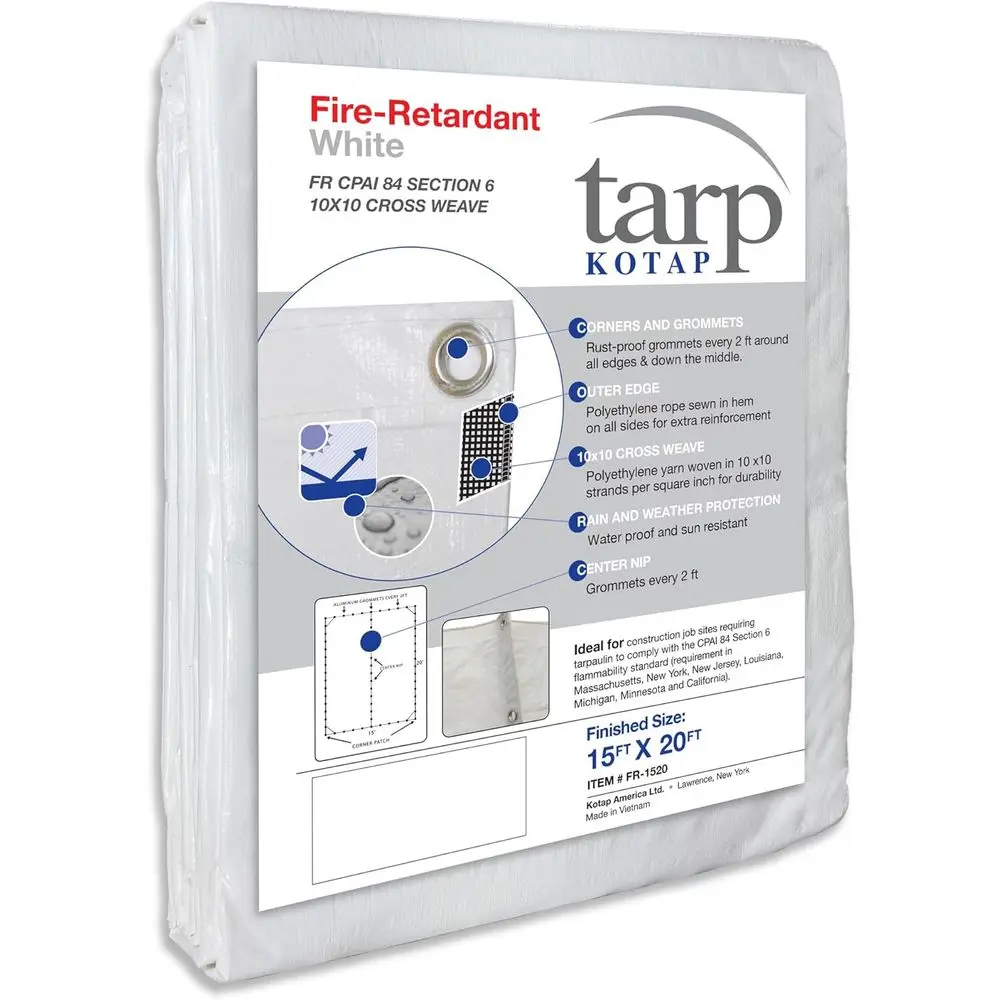 

Flame-Resistant Tarps, 15x20 ft, for Construction Sites, White