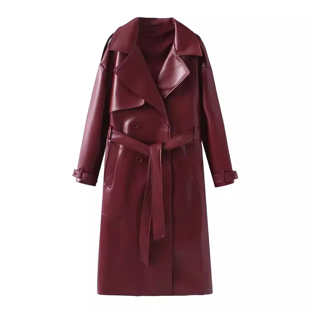 PRINTKAOIR 2024 New Launch Women\'s Burgundy Faux Leather Coat Retro Fashion With Belt Pockets Loose Extended Overcoat Outerwear