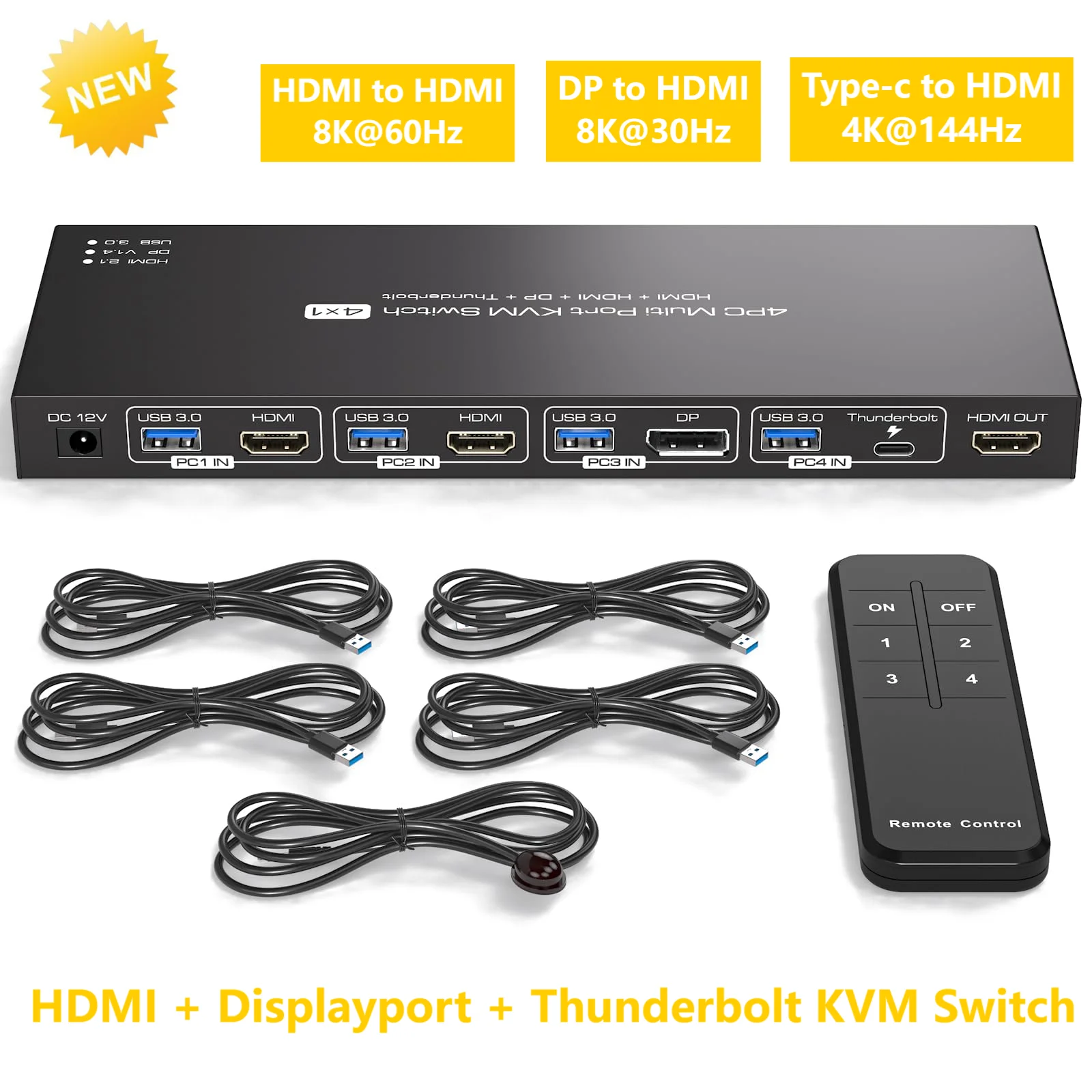 

2 HDMI + Displayport KVM Switch Thunderbolt 3 KVM Switch 1 Monitors 4 Computers 4K@144Hz for 4 PC Share 1 Monitor Keyboard Mouse