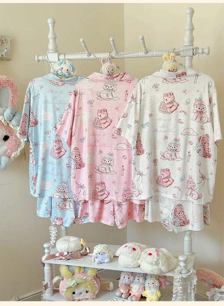 Lolita Pajamas Shorts Set Women Summer Sweet Cute Home Clothes Lapel Cartoon Print Short Sleeve Top and Shorts Two-Piece Set