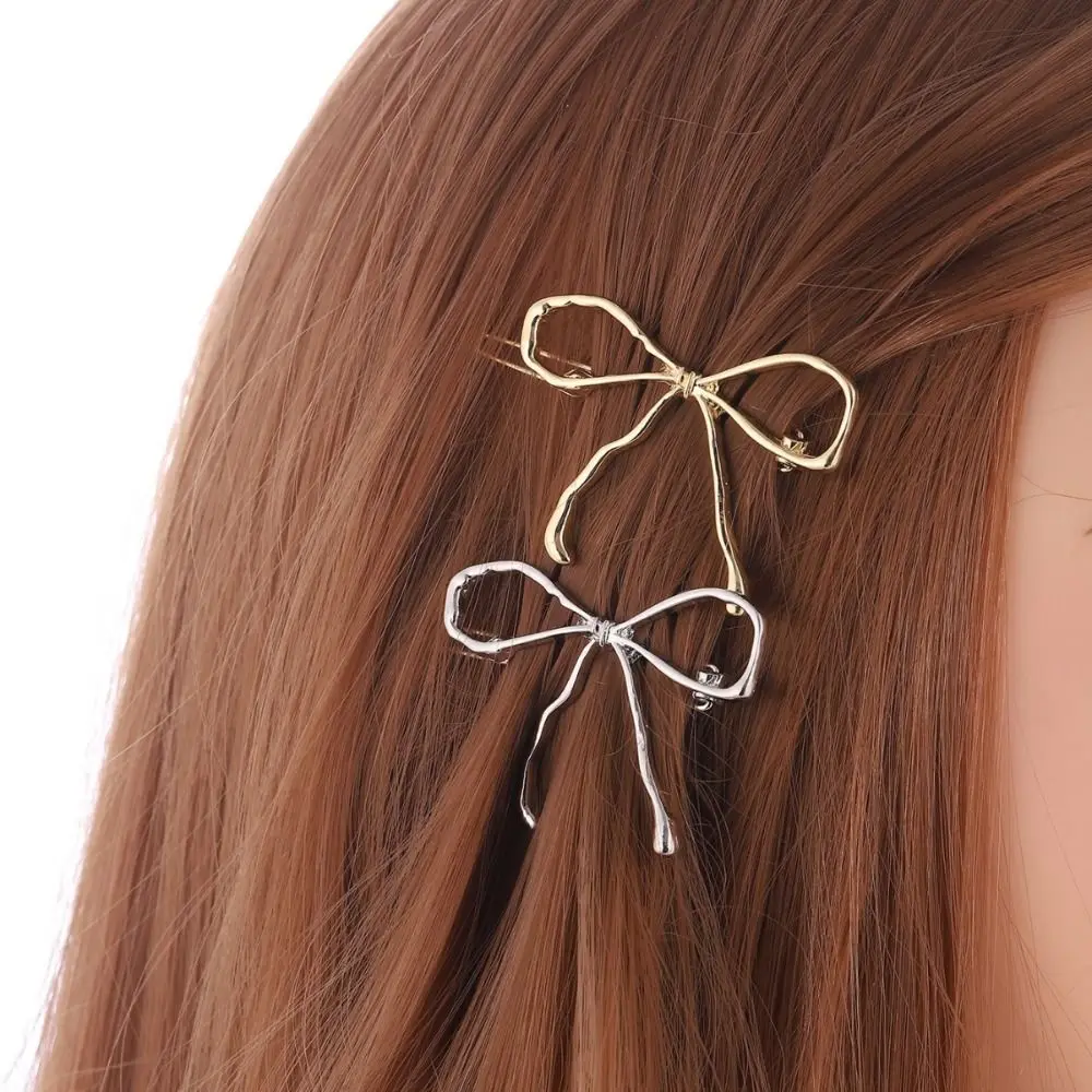 

Balletcore Simple Bowknot Hairpin Korean Style Hair Accessories Bow Frog Clip Gold Silver Color Back Clip Metal Hollow Barrettes