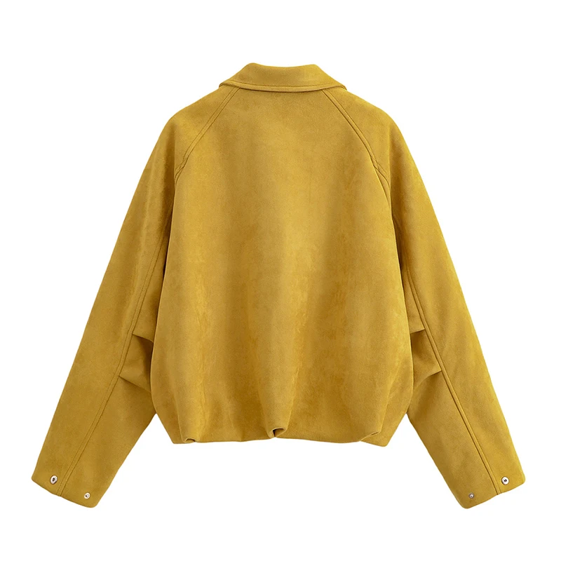 YENKYE 2025 Women Short Faux Suede Jacket Loose Casual Bomber Coat Front Zipper Lapel Long Sleeve Autumn Winter Outerwear