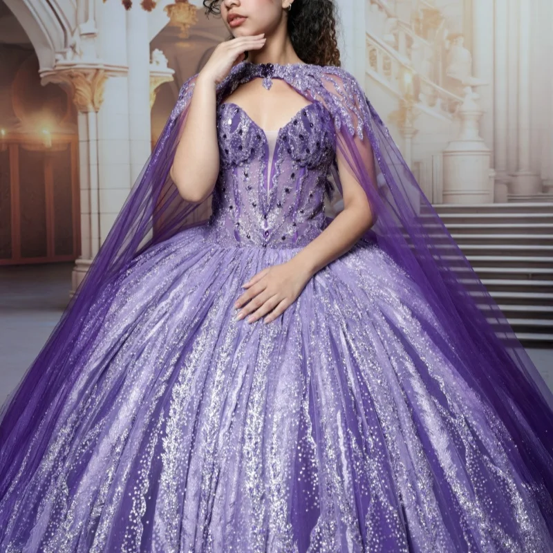 

Shiny Purple Quinceanera Dresses Off the Shoulder Crystal Sequin Decal Layering Long tail Vestido De 15 Quinceanera Customize