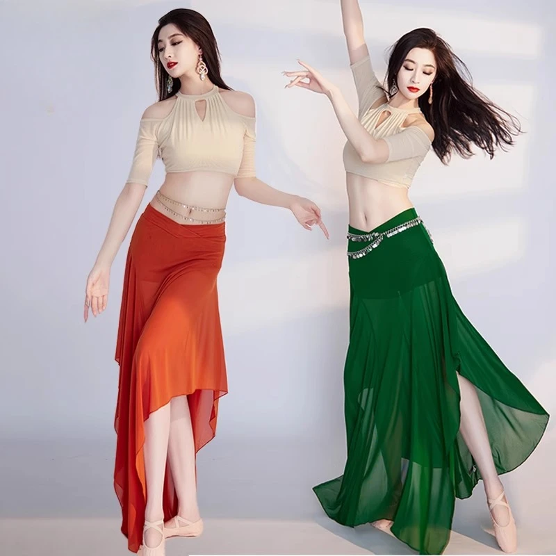 カスタマイズされた新しいベリーダンス衣装練習ドレストップスカートカラーコントラストパフォーマンス衣装オリエンタルダンススカート