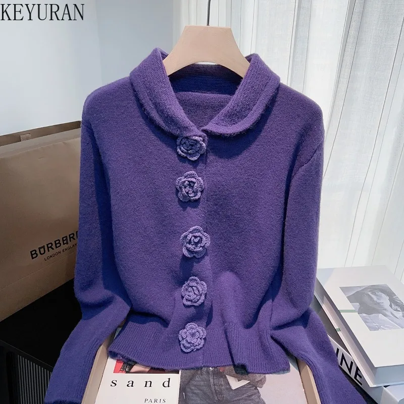 

Red 3D Rose Sweater Coat Women's Autumn Winter New Year Style Turn-down Collar Long Sleeve Knitted Open Cardigan Knitwear Tops