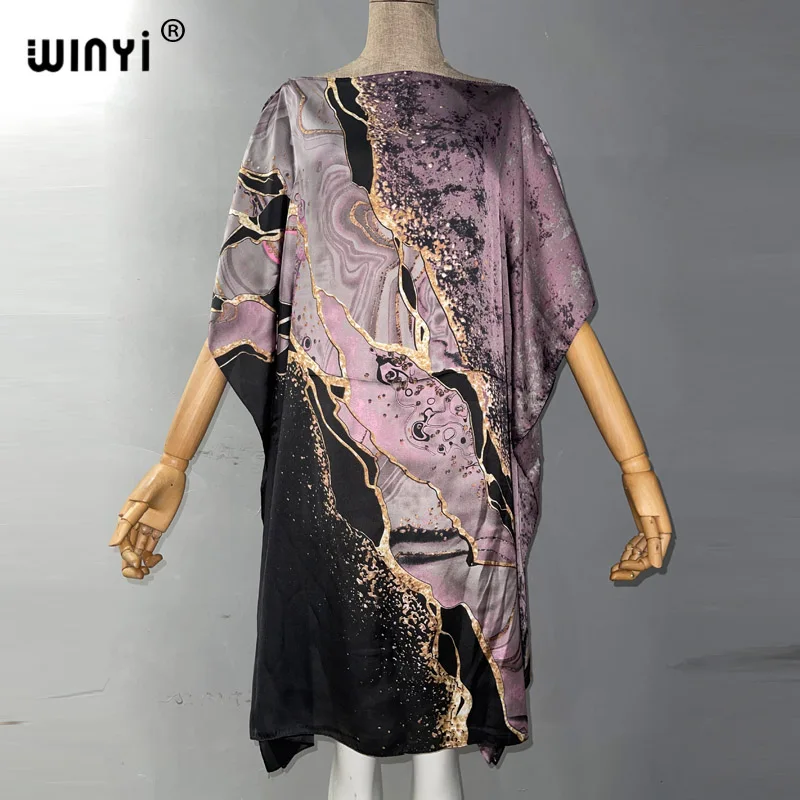 WINYI Boho fashion Print Women Beach Dress Bathing Suit Cover Up Summer For Woman Beachwear Robe de plage silk feeling Kaftan