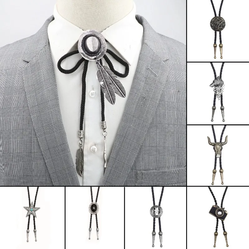 Men's Fashion Retro Shirt Chain Collar Rope Leather Necklace Dance Tie Star Wolf Cow Pattern Pendant