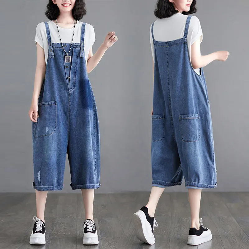 

Blue Black Denim Jumpsuit Women Casual Loose Straight Wide Leg Short Cargo Pants Rompers Ripped Jeans Suspender Overalls