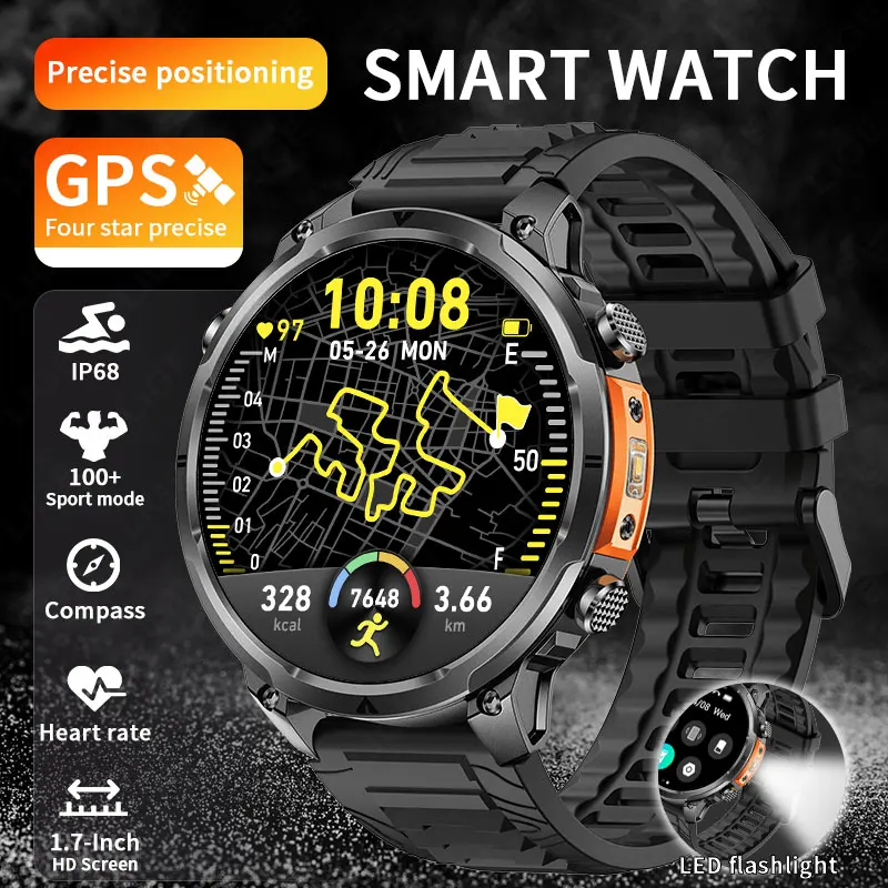 

LIGE 720 мАч Смарт-часы с аккумулятором для мужчин Профессиональный GPS трекер Компас 1,7-дюймовый HD-дисплей Светодиодный фонарик Водонепроницаемые умные часы 2026