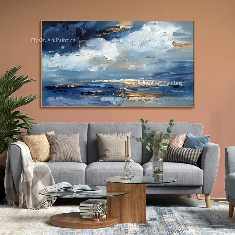 

Blue Sea And Sky Abstract Landscape Canvas Oil Painting Handmade Seascape Gold Foil Artwork Original Ocean Wave View Art Decor