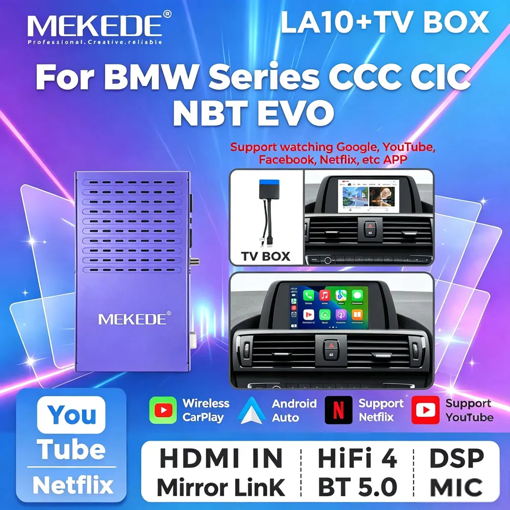 Boîtier TV CarPlay Android Auto sans fil MEKEDE LA10 pour BMW Série 1 2 3 4 5 X1 X3 X4 X5 F20 F30 F31 F34 F10 F48 F25 F26 F15 F10 E84 CIC NBT CCC EVO, compatible Netflix YouTube HDMI Mirrorlink BT 5.0 GPS Navigation Caméra Carplay BOX, prise en charge IDirve Commande vocale