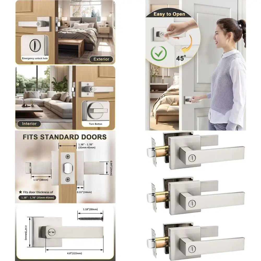 

Комплект из 3 матовых никелевых дверных ручек для конфиденциальности, ручки без ключа для спальни/ванных комнат, двусторонние для левых/правых дверей