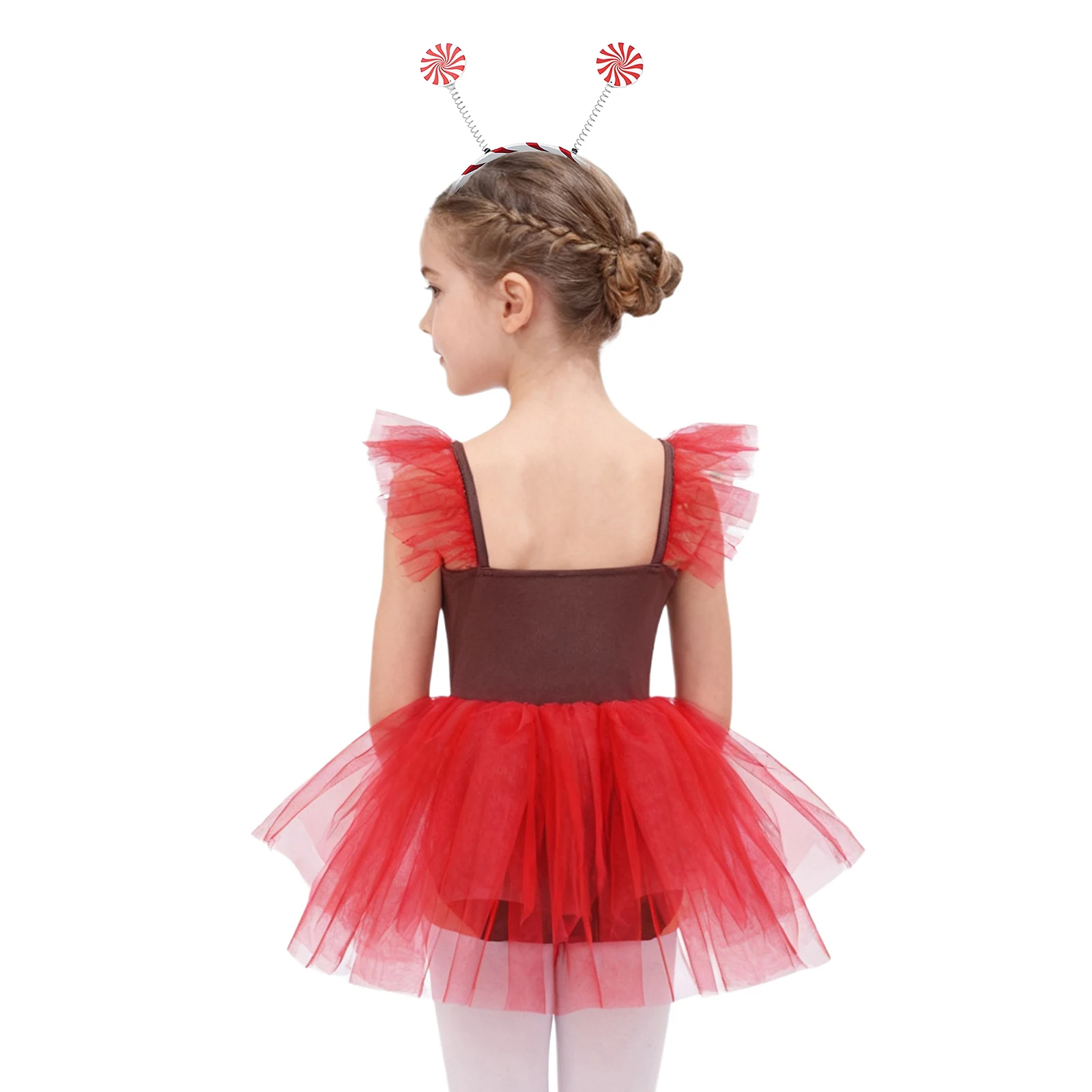 Kids Girls Christmas Gingerbread Man Costume Sleeveless Striped Tulle Tutu Dress with Hair Hoop for Festival Holiday Xmas Party