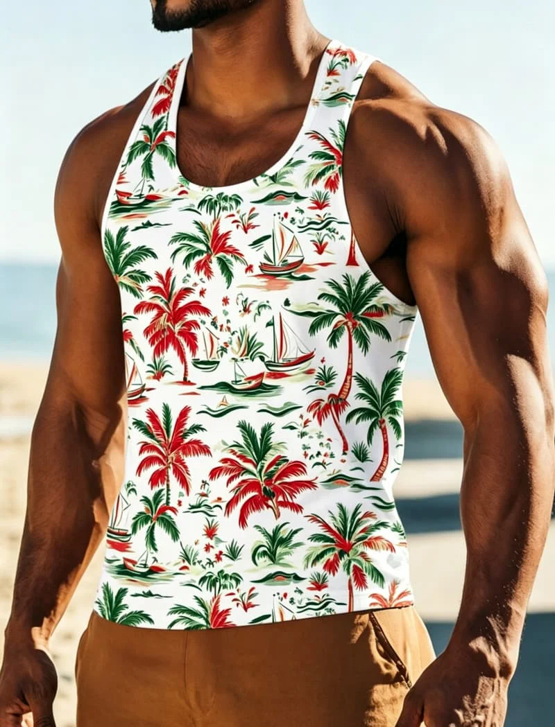 Men's Minimalist Tropical Island Print Sleeveless Tank,  for Festival, Celebration, Summer Trips & Casual Outings