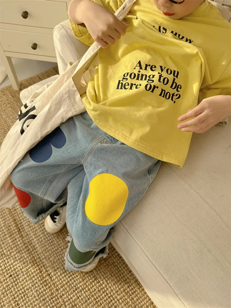 2024 Spring New Children Loose Jeans Baby Girl Color Printing Casual Pants Toddler Boy Harem Pants Kids Versatile Denim Trousers