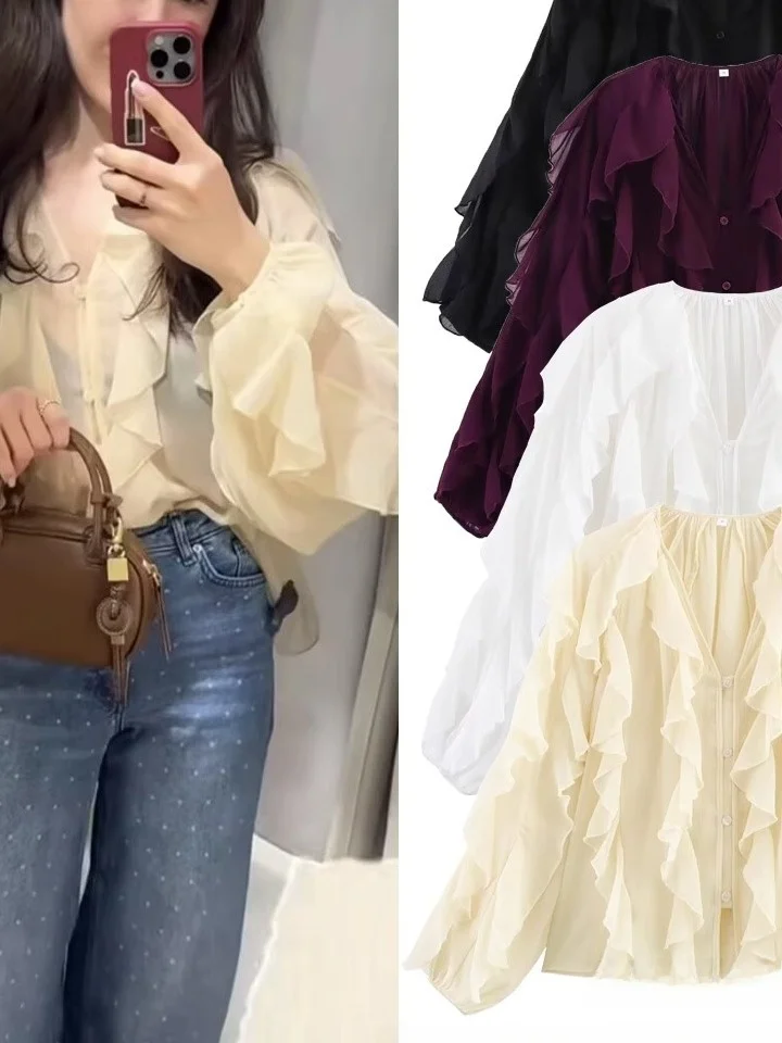 

Women's Ruffled Layered V-ne irt Casual Sle Loose Fit Long Sve Polyester Fabric No Brand Registered Trademark