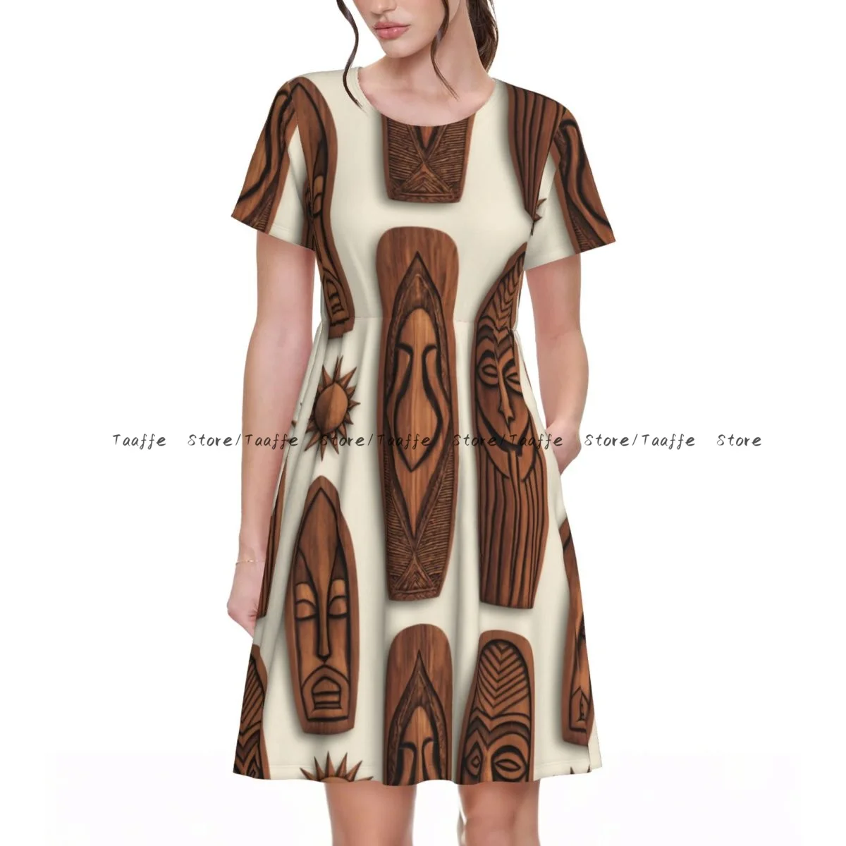 Women Casual Elegant Dress Wood Surfing Boards And Signs Pattern Short Sleeves Loose Dresses Weekend Holiday
