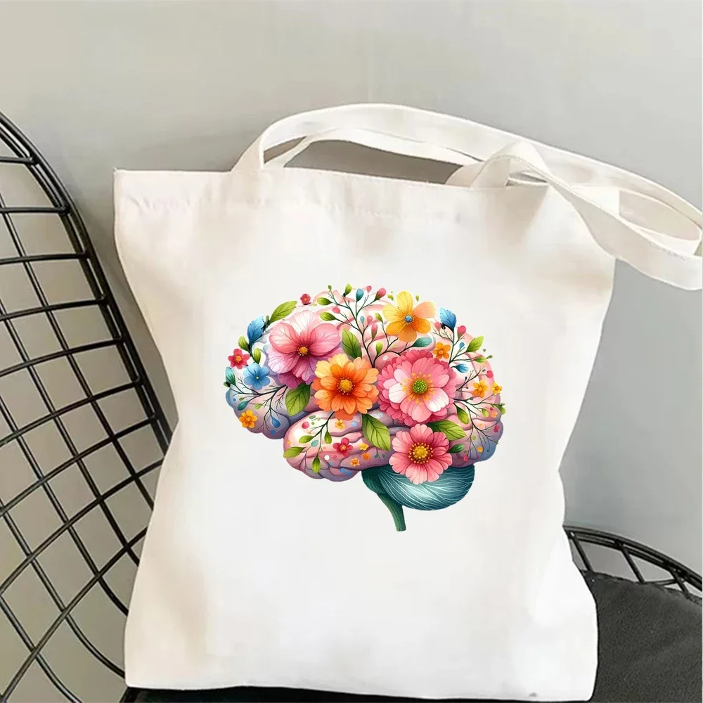 Whimsical Brain Floral Tote Bag Artistic Flower Brain Print Reusable Grocery Bag Gift For Creative Minds